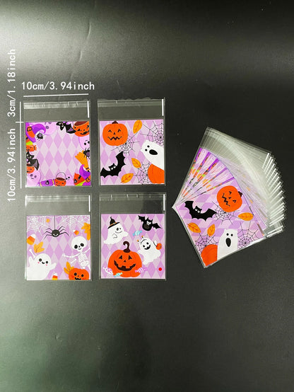 100pcs Cute Pumpkin Bat Ghost Spider Design Gift Pack Opp Self-Sealing Bag, Halloween Party Skull Printed Purple Plaid Opp Bags