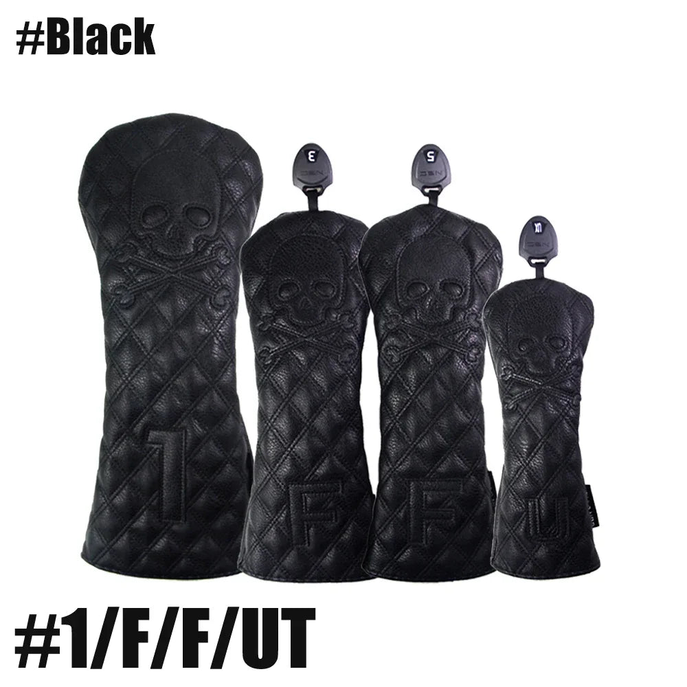 GLOOF Golf Skull Skeleton Head Cover Golf Club Black Leather Cover Set Fits Driver Fairway Wood Hybrid Golf Supplies