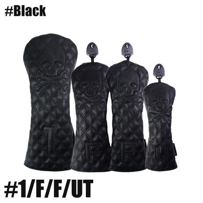GLOOF Golf Skull Skeleton Head Cover Golf Club Black Leather Cover Set Fits Driver Fairway Wood Hybrid Golf Supplies