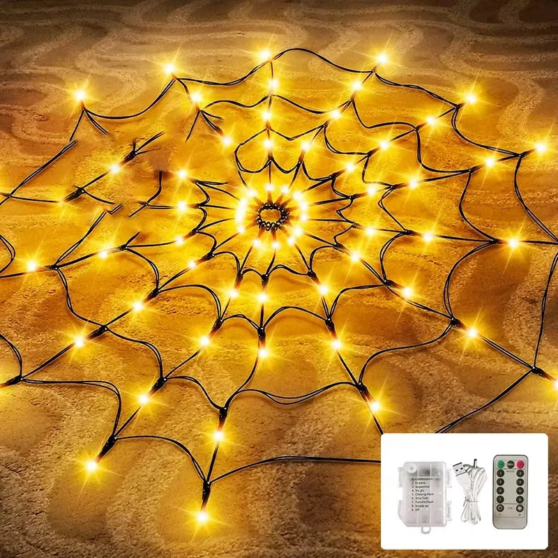 Outdoor Halloween Spider Web LED Purple Lights Battery Powered 8 Modes 70LED String Lights Remote Control Garden Wall Decoration