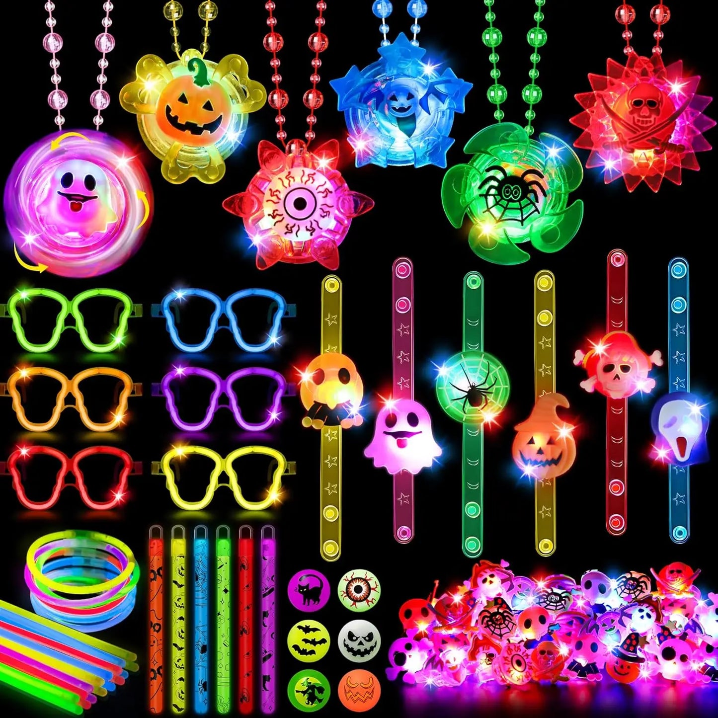96Pcs Halloween Light Up Rings Glow Sticks Spin Necklace for Kids Trick or Treats Non-Candy Goodie Bag Fillers Party Supplies