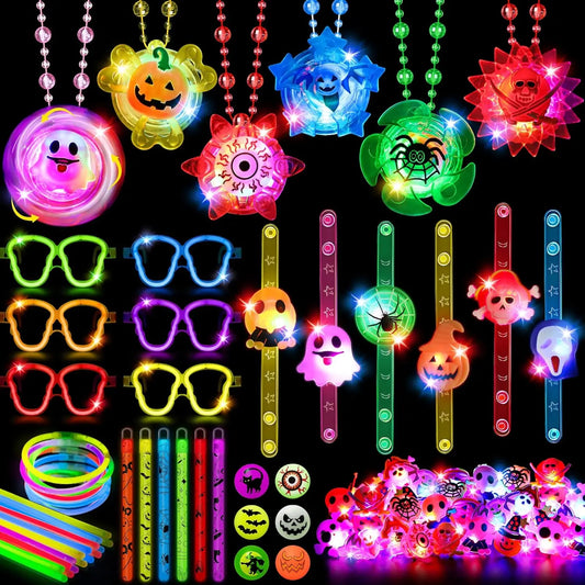 96Pcs Halloween Light Up Rings Glow Sticks Spin Necklace for Kids Trick or Treats Non-Candy Goodie Bag Fillers Party Supplies