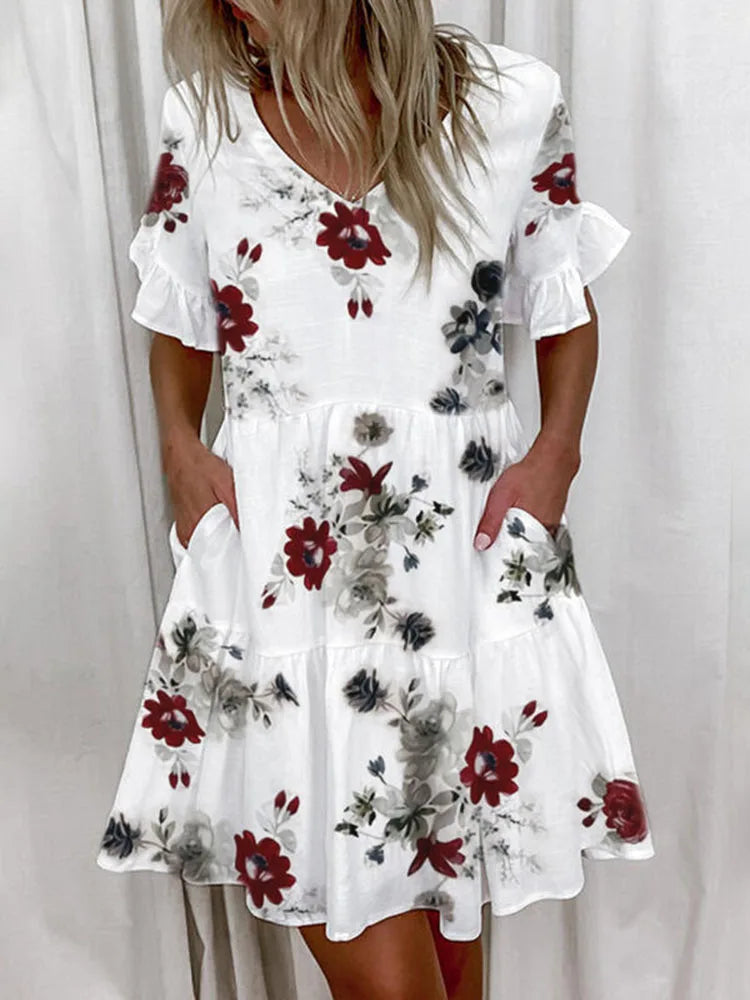 Casual Ruffles Loose V-Neck Dress Women Summer Short Sleeve Floral Print Woman Dress 2023 Fashion White Boho Beach Dresses 5XL