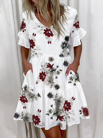 Casual Ruffles Loose V-Neck Dress Women Summer Short Sleeve Floral Print Woman Dress 2023 Fashion White Boho Beach Dresses 5XL