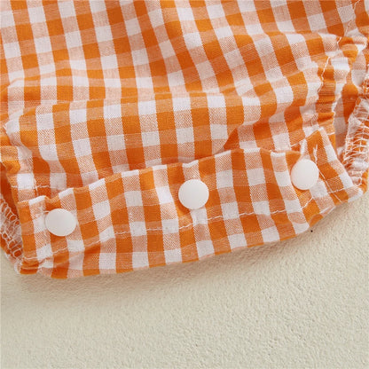 Toddler Baby Girls Halloween Romper Casual Sleeveless Square Neck Pumpkin Plaid Printed Jumpsuit Fashion Infant Newborn Clothes