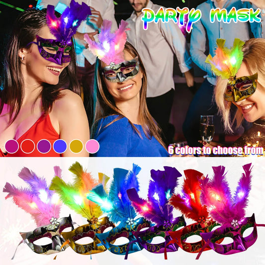 Feather LED Glowing Masks Venice Carnival Halloween Christmas Light Up Masks Masquerade Birthday Wedding Party Cosplay Costume