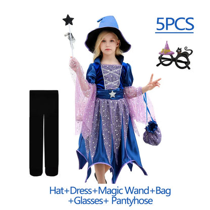 Kids 2025 Halloween Witch Costume for Girls Carnival Party Evil Lovely Witch Vestidos Set Dress+Hat+Magic Wand+Bag Clothes Set