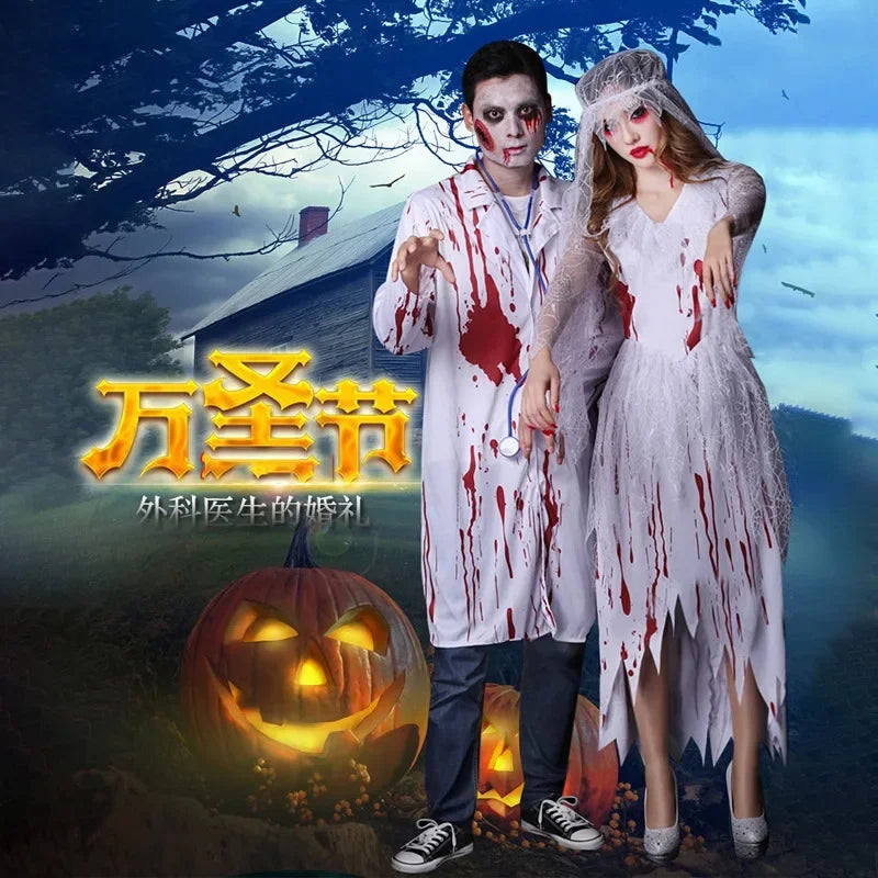 Women Sleeveless Dress Horror Bloody Nurse Skull Overalls Terror Cosplay Halloween Costumes Ghost Nurse Carnival Prop Clothes