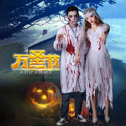 Women Sleeveless Dress Horror Bloody Nurse Skull Overalls Terror Cosplay Halloween Costumes Ghost Nurse Carnival Prop Clothes