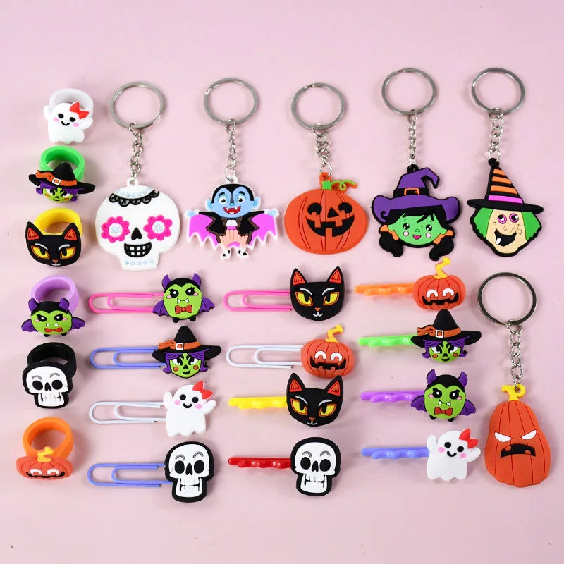 6-40pcs Halloween Gifts Toys Slap Bracelet Witch Skeleton Pumpkin Ghost Key Chain Party Kid Hairpin Ring Birthday Favor Supplies