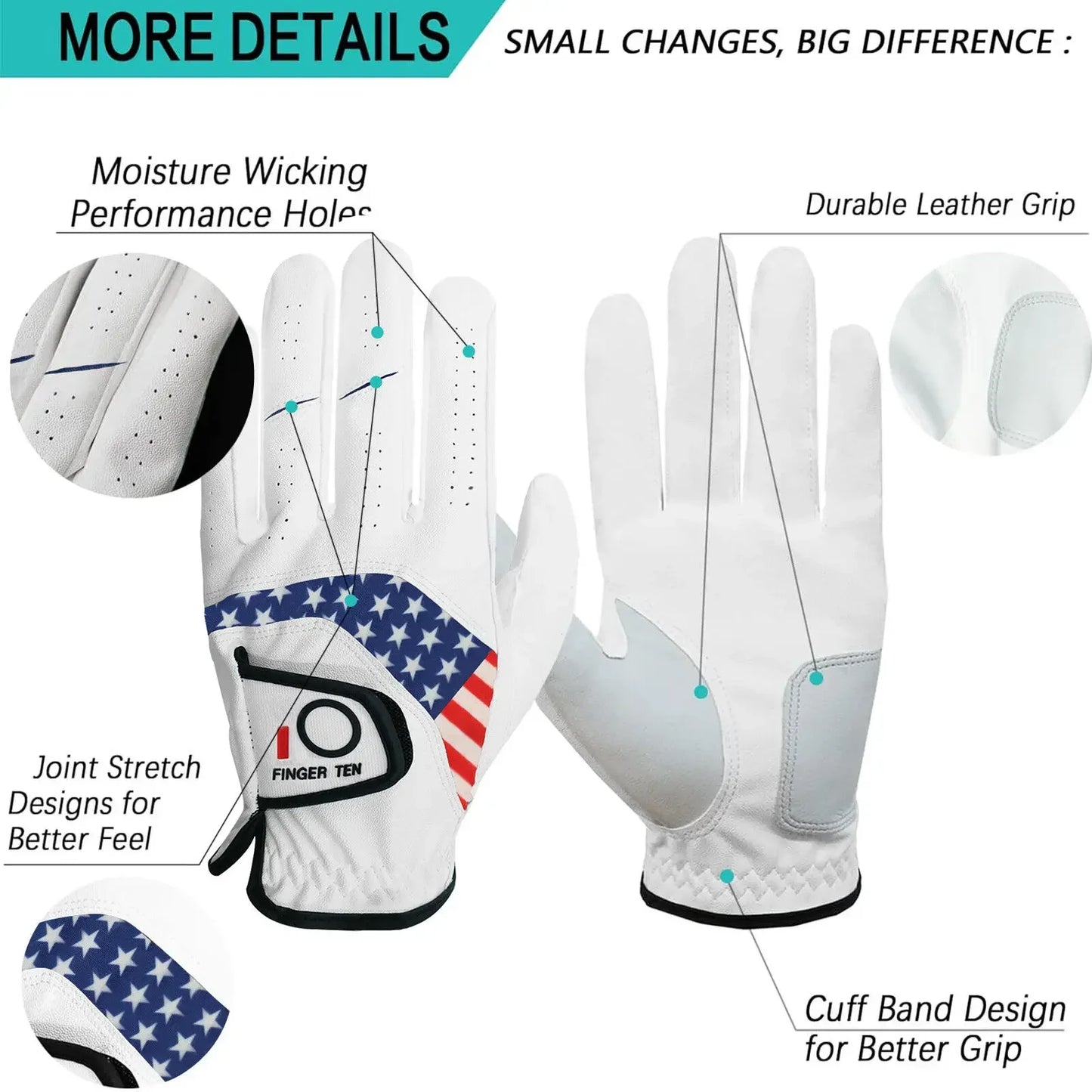 USA Flag Golf Gloves Men's Left Hand Right Hand Leather 5 Pack Golfer All Weather Grip