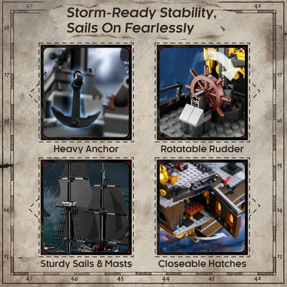 1424PCS Black Pirate Ship Building Blocks Skeleton Ghost Boat Model Assembly Bricks Toys Desktop Decoration Kids Holiday Gifts