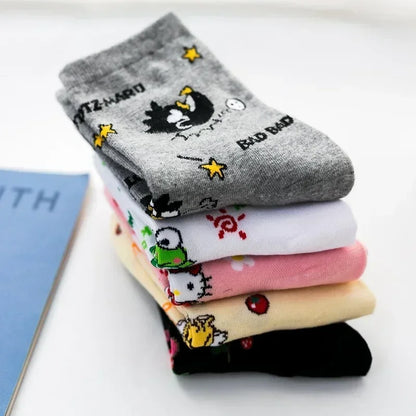 5 Pairs Kawaii Sanrio Mid-Calf Socks Hello Kitty Cartoon Anime Student Comfortable Keep Warm Protecting Feet Toys Girls Gifts