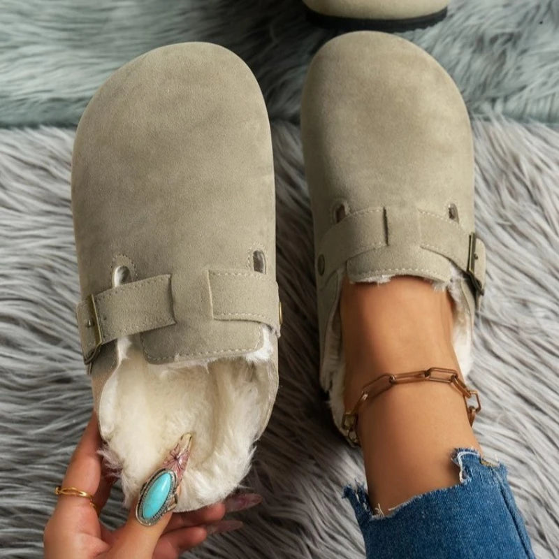 Comwarm Fur Lined Clogs for Women Men Winter Fuzzy Cork Slippers Fur Cork Mules Short Plush House Cork Shoes Winter Zuecos Mujer