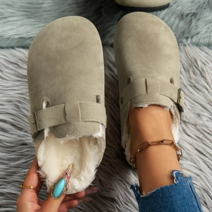 Comwarm Fur Lined Clogs for Women Men Winter Fuzzy Cork Slippers Fur Cork Mules Short Plush House Cork Shoes Winter Zuecos Mujer