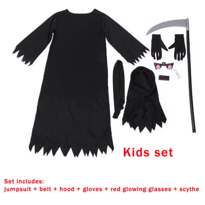 Grim Reaper Cosplay Costume Jumpsuit Red Eyes Glowing Props Scythe Black Robe Cloak Gloves Clothes Halloween Kids Scary Dress Up