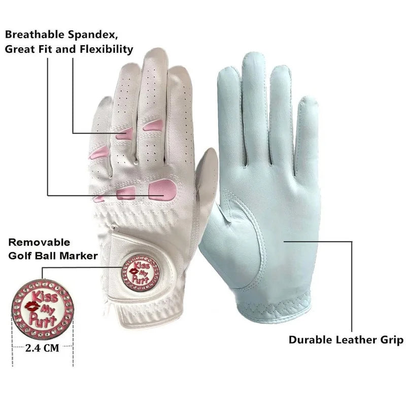 2 Pcs Cabretta Leather Golf Gloves Women With Bling Ball Marker Extra Grip Left Right Hand Pink Fit Ladies Girls Golfer