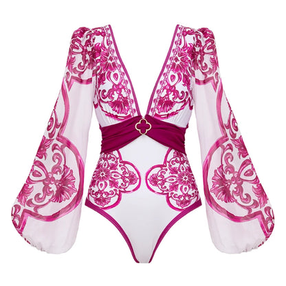 Flaxmaker Classic Women Sexy Bikini Sets Long Sleeves Majolica Series Pattern Print One Piece Swimsuit Skirt Biquini Beachwear