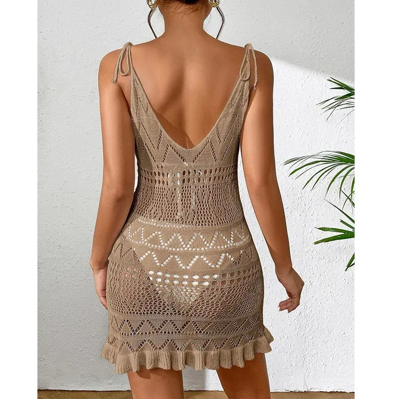 Sexy Womens Crochet Beach Dress See-Through Beachwear Pareo Swimsuit Woman Bathing Suit White Dress Beach Cover Up Women Holiday