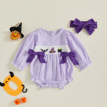 Halloween Baby Girl Plaid Print Romper Cotton Bodysuit Puff Sleeve Crew Neck Playsuit With Headband Infant 2Pcs Clothes Suit