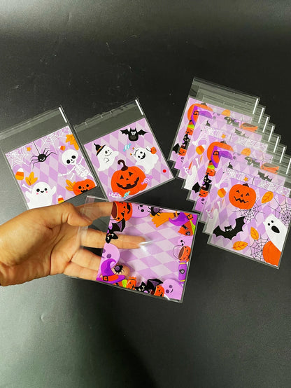 100pcs Cute Pumpkin Bat Ghost Spider Design Gift Pack Opp Self-Sealing Bag, Halloween Party Skull Printed Purple Plaid Opp Bags