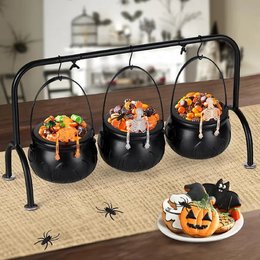 Halloween Decorations Indoor, Halloween Witches Cauldron Candy Serving Bowls on Rack, Black Plastic Cauldron With Skeletons