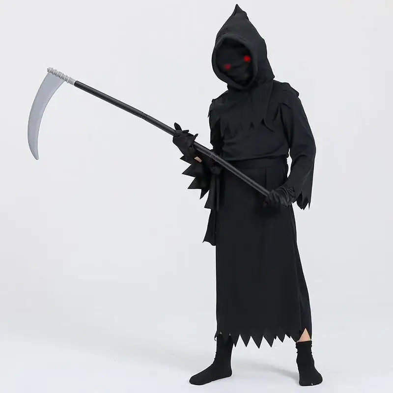 Grim Reaper Cosplay Costume Jumpsuit Red Eyes Glowing Props Scythe Black Robe Cloak Gloves Clothes Halloween Kids Scary Dress Up