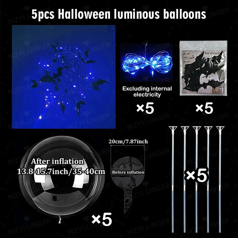 5pcs Halloween Glowing Balloon Set Transparent Bobo Balloon Bat Stickers Halloween Party Decoration Day of the Dead Decoration