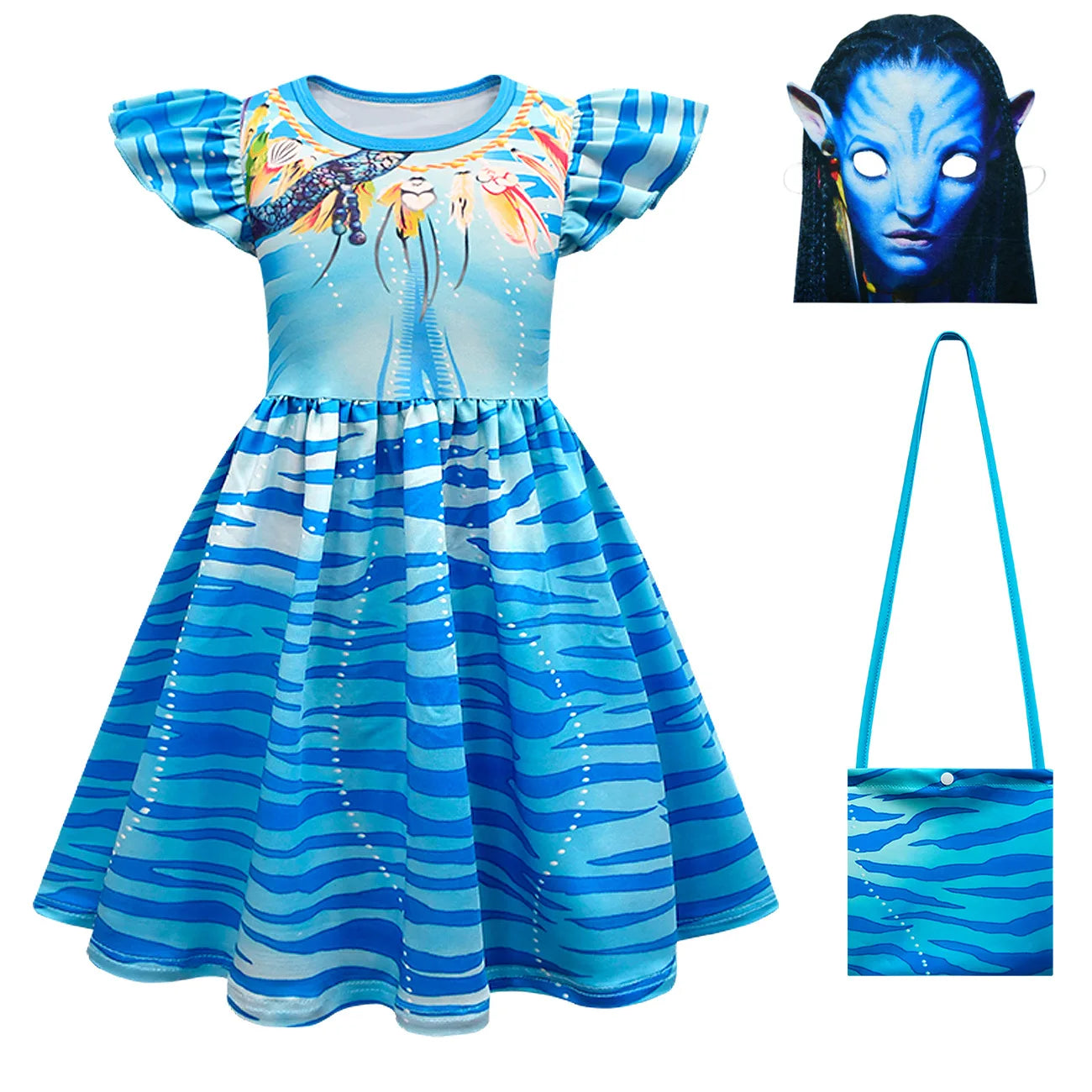 Avatar Cosplay 3D Dress Girl Kids Avataring 2 Cosplay Costume Halloween Party Dress Up Clothes Masks  Fashionable Trend Dress
