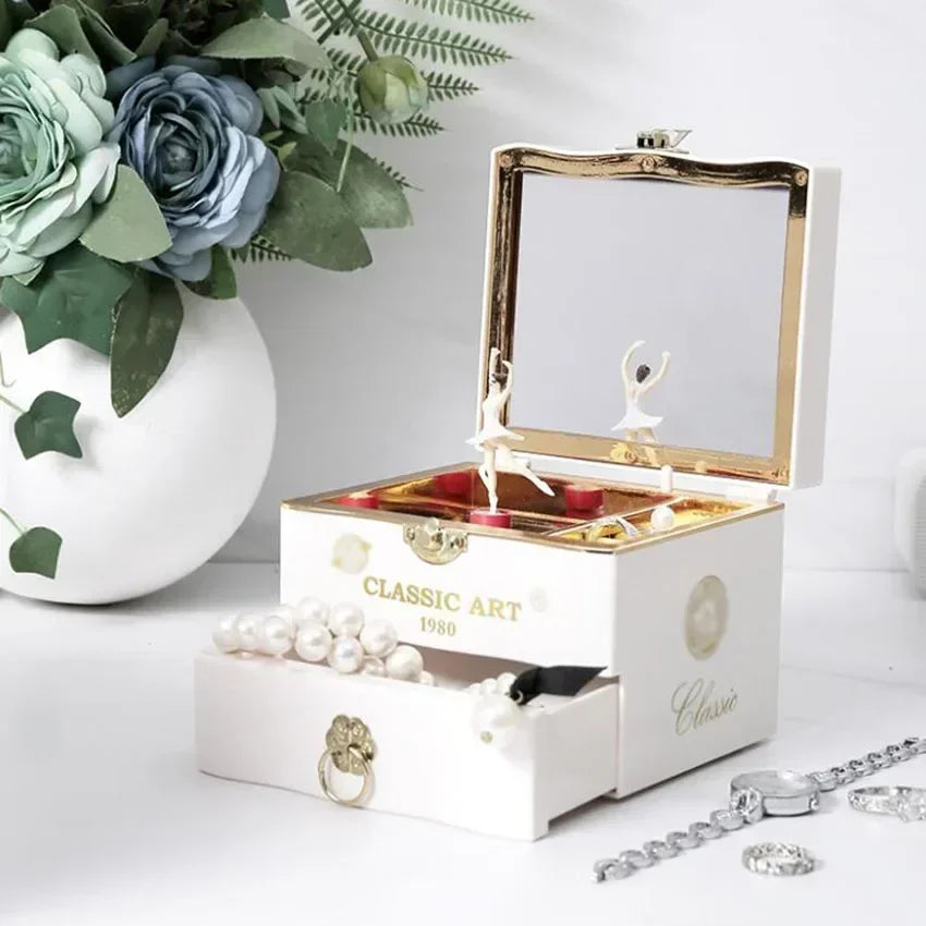 Classic Rotating Music Box Creative Dancing Girl Clockwork Jewelry Storage Box With Mirror Ornaments Birthday Christmas Gifts