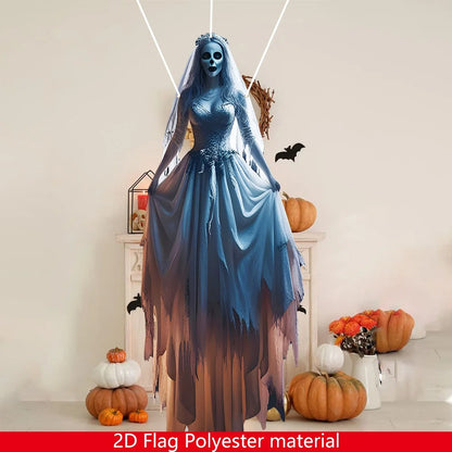 1pc Halloween Skeleton Bride Hanging Flag - Outdoor/Indoor Gothic Decoration, Spooky Bride With Bats & Jack-O-Lanterns Design