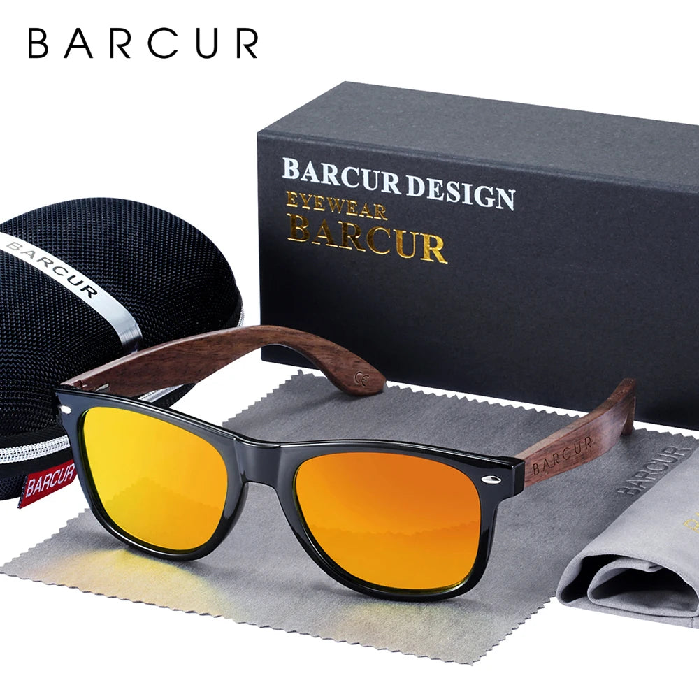BARCUR High Quality Black Walnut Sunglasses Anti-Reflecti Men Women Mirror Sun Glasses Male UV400 Wooden Sunglass Shades Oculos
