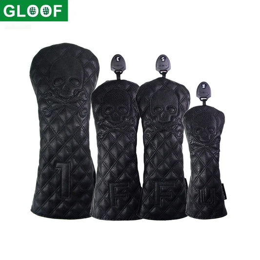 GLOOF Golf Skull Skeleton Head Cover Golf Club Black Leather Cover Set Fits Driver Fairway Wood Hybrid Golf Supplies