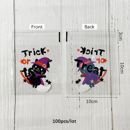 100pcs Halloween Candy Bag Plastic Gift Bags Ghost Pumpkin Spider Packaging Bag for Kids Gift Happy Halloween Party Decoration