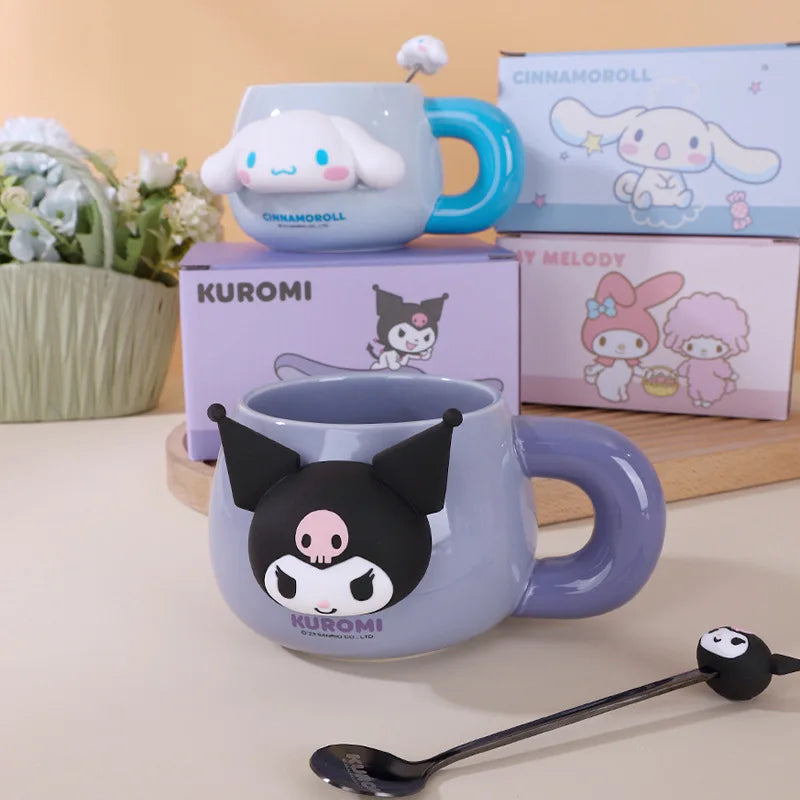 Sanrio Ceramic Mug My Melody Kuromi Cinnamoroll Anime Large Capacity Milk Cup With Spoon Mark Cup Lovers Coffee Cup Girl'S Gift