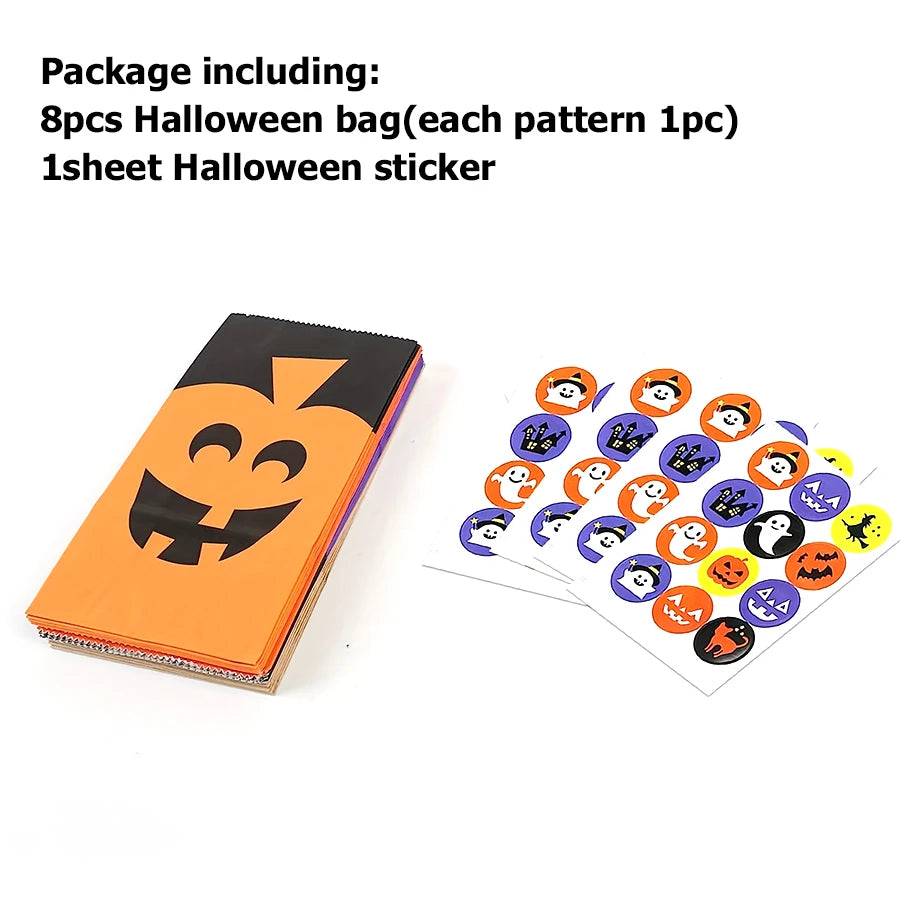 8-48pcs Halloween Theme Candy Gift Bag With Cartoon Storage Stickers Party Small Gift Storage Bag Party Kraft Goodie Bag
