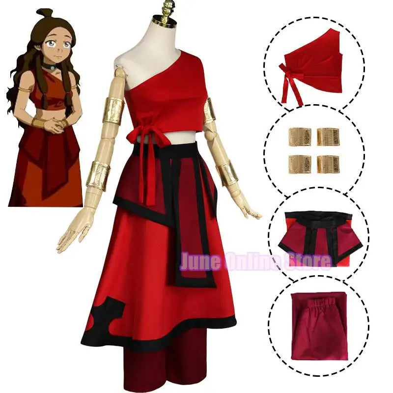 Anime Avatar the Last Airbender Cosplay Katara Fire Nation Cosplay Costume Red Uniform Adult Women Halloween Carnival Clothes