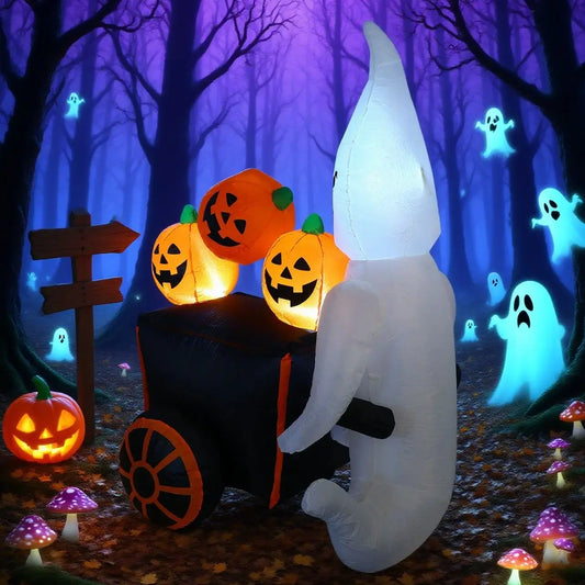 Halloween Decorations Outdoor Inflatable White Ghost Pumpkin Car Blow Up Yard With Built-In LED Lights for Holiday Party Indoor