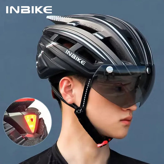 INBIKE Bicycle Helmets for Men With Lights Ultralight Outdoor Riding Magnetic Goggle Helmet Cycling Helmet Man Bike Accessories