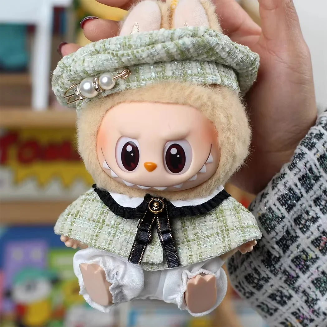 Mini Doll'S Clothes Outfit Accessories for Korea Kpop Exo 15-17cm Labubu Classic Grid Style Dress Cloak Set Beret Clothing Gift