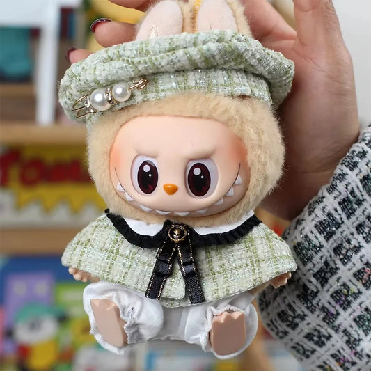 Mini Doll'S Clothes Outfit Accessories for Korea Kpop Exo 15-17cm Labubu Classic Grid Style Dress Cloak Set Beret Clothing Gift