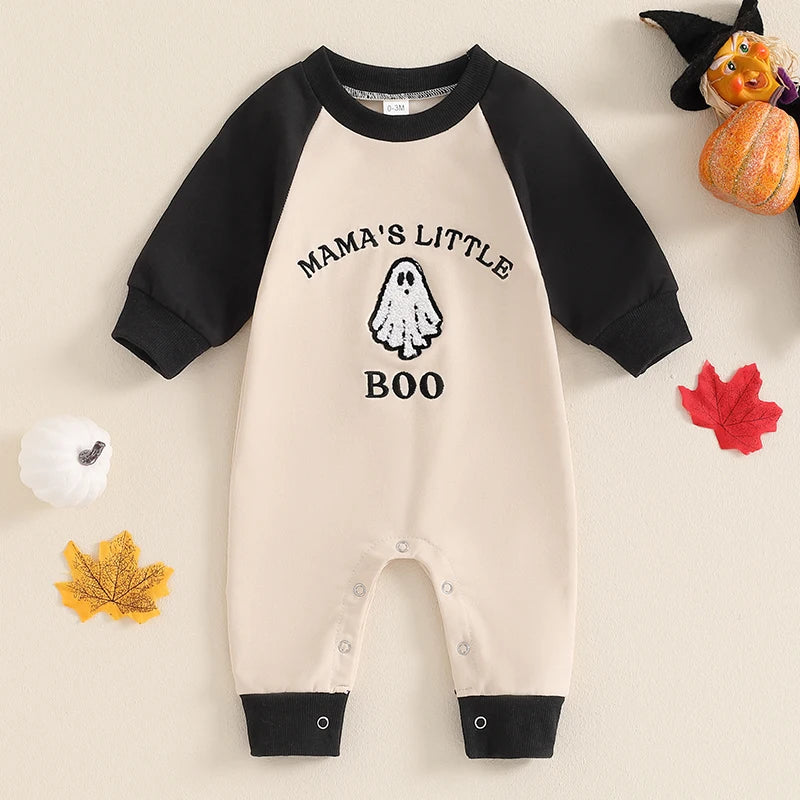 Baby Boys Halloween Casual Romper Long Sleeve Crew Neck Letter Ghost Embroidery Jumpsuit