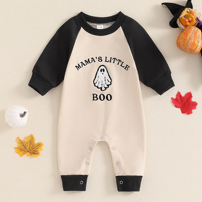 Baby Boys Halloween Casual Romper Long Sleeve Crew Neck Letter Ghost Embroidery Jumpsuit