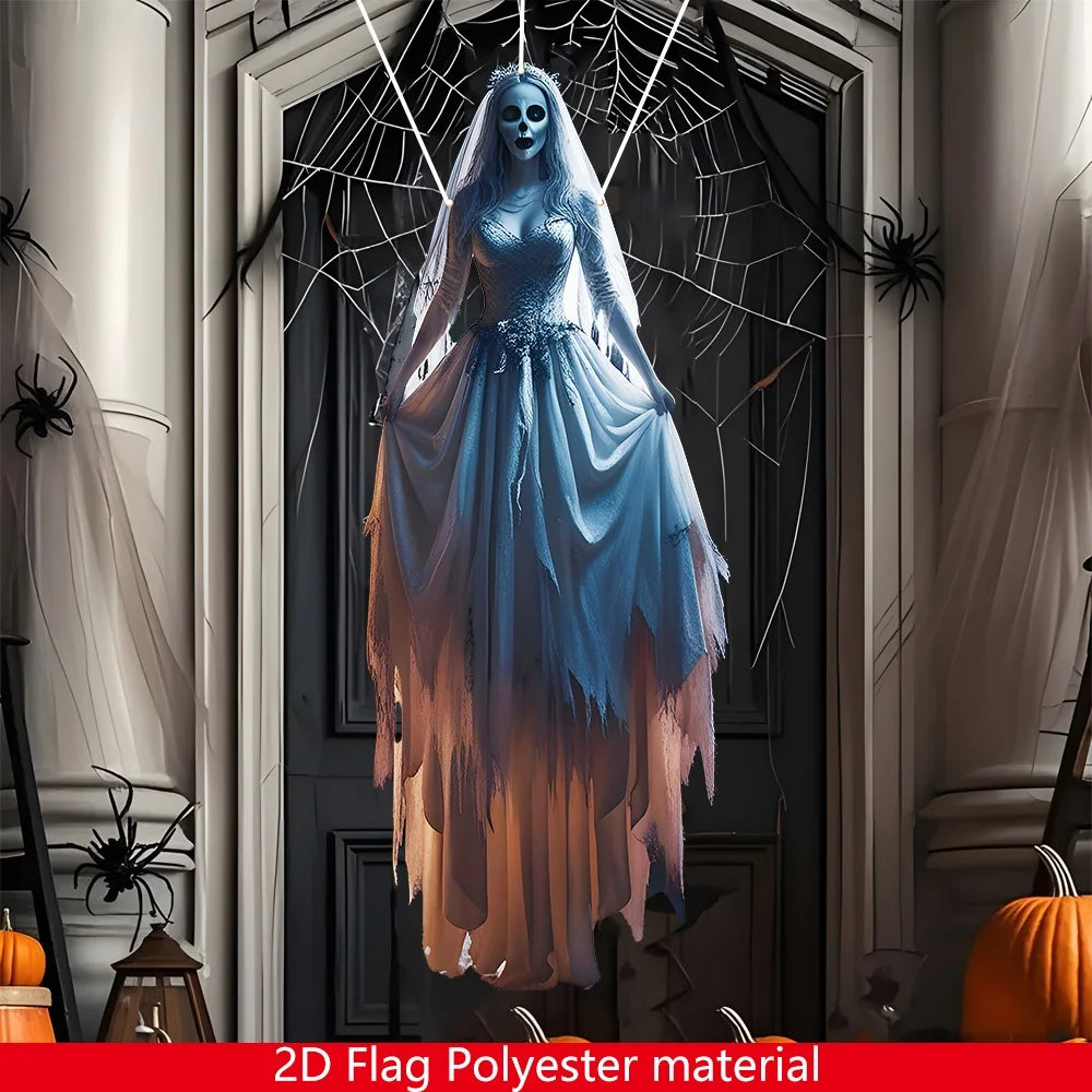 1pc Halloween Skeleton Bride Hanging Flag - Outdoor/Indoor Gothic Decoration, Spooky Bride With Bats & Jack-O-Lanterns Design