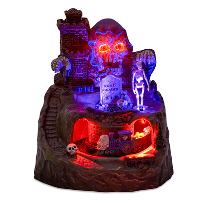 Animated Halloween Village House Decor With Moving Train Pre-Lit Music Skull Ghosts Tombstones Figurines Spooky Party Atmosphere