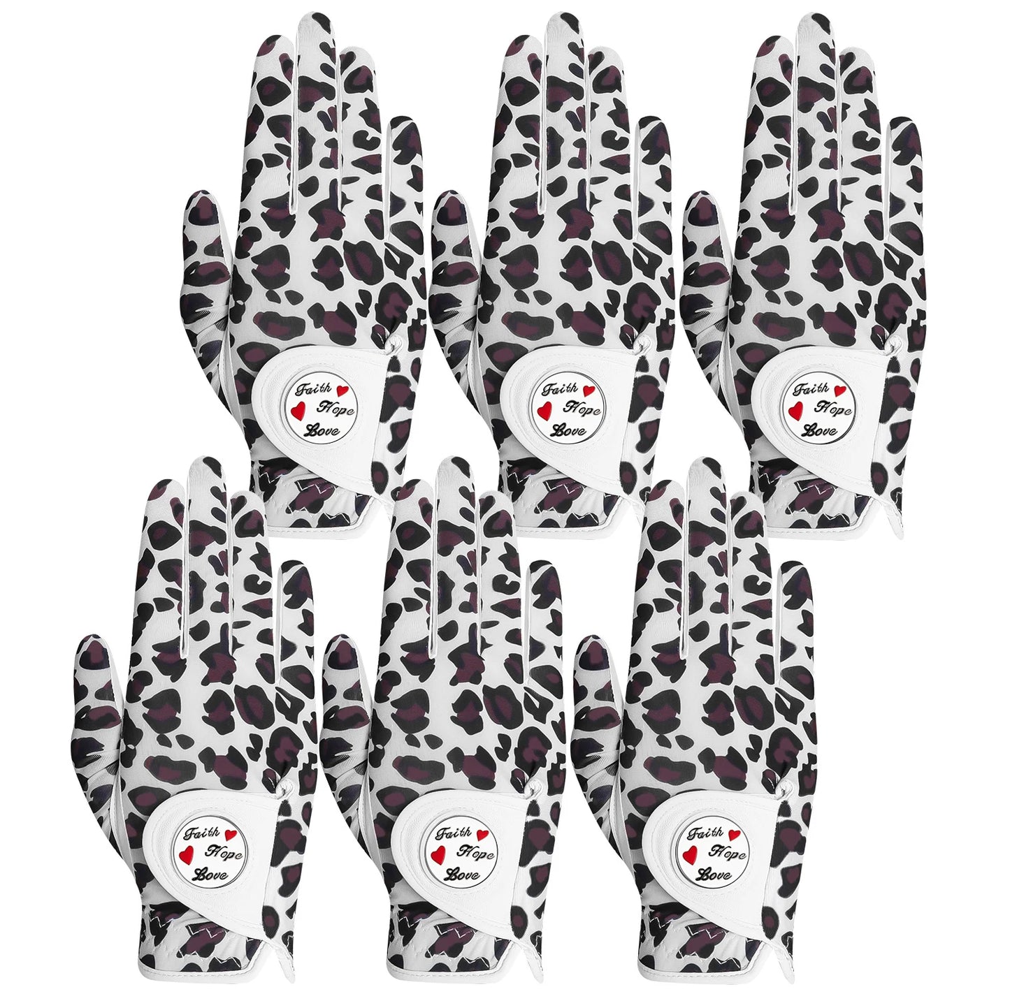 Womens Golf Glove With Ball Marker Rain Left Right Hand Leather Printed 6 Pack, Ladies Golf Gloves All Weather Grip
