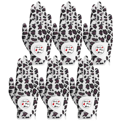 Womens Golf Glove With Ball Marker Rain Left Right Hand Leather Printed 6 Pack, Ladies Golf Gloves All Weather Grip