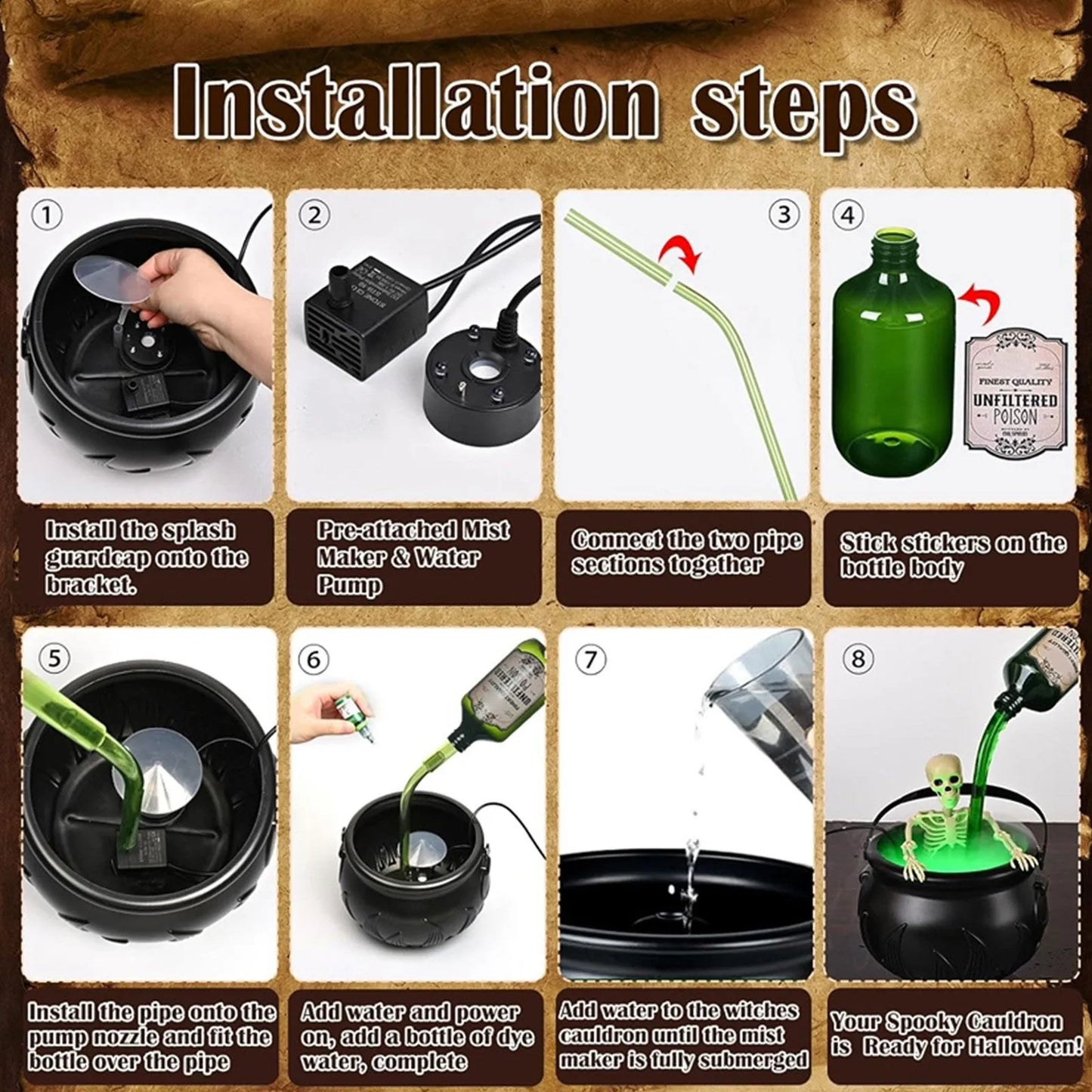 Halloween Witch Cauldron With Magic Floating Bottle Fog and Maker Holiday Halloween Party Atmosphere Decoration Supplies