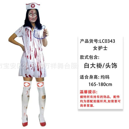 Women Sleeveless Dress Horror Bloody Nurse Skull Overalls Terror Cosplay Halloween Costumes Ghost Nurse Carnival Prop Clothes