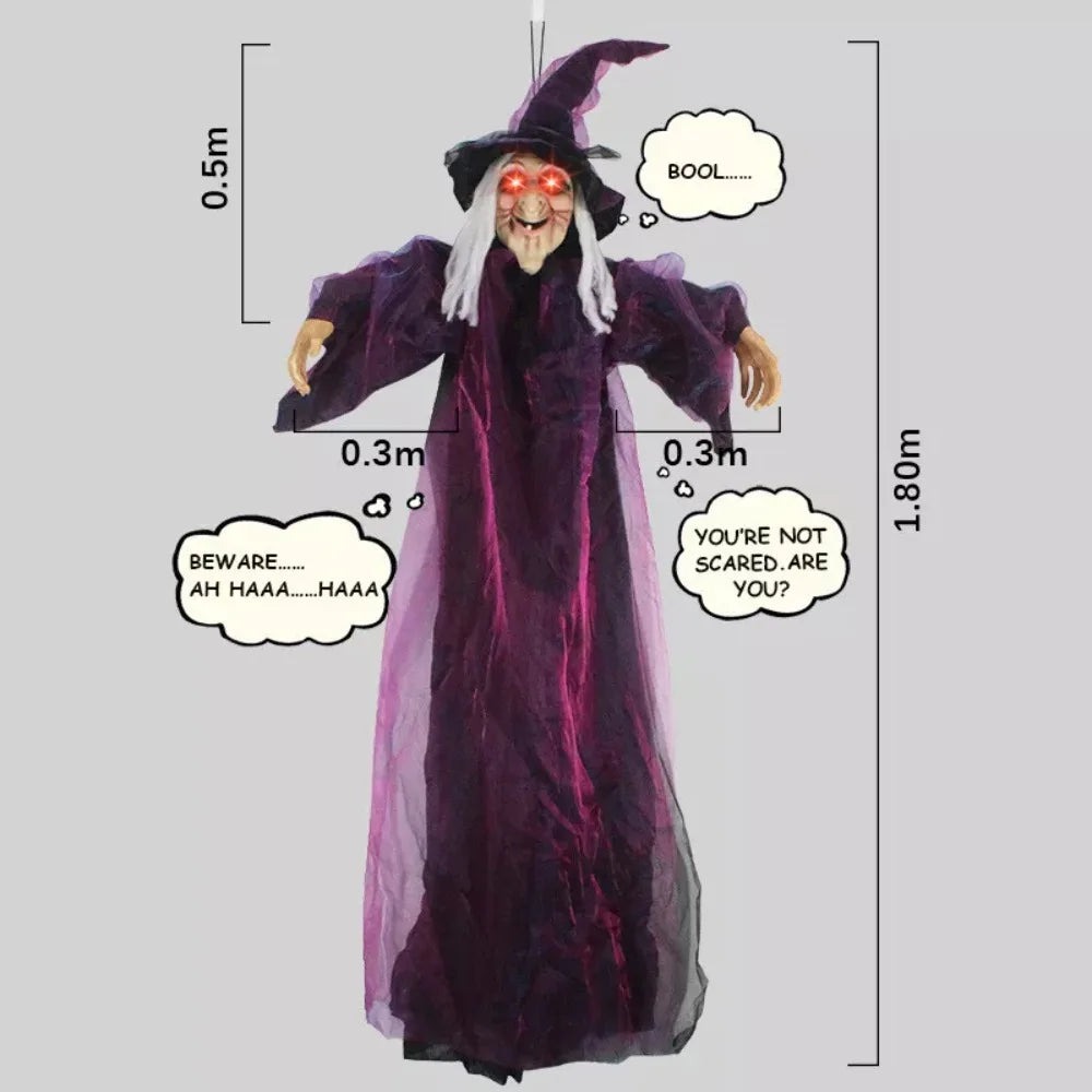 Halloween Life Size Talking Witch Purple Outdoor Spooky Animatronic Witch Sound Activation Halloween Decoration